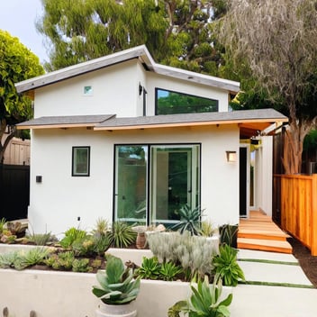 Modern backyard accessory dwelling unit (ADU) with private entrance designed to maximize rental income in San Diego