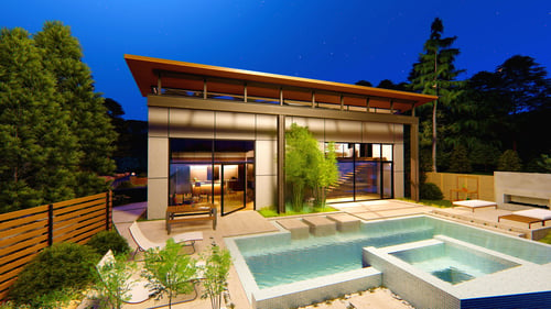 Modern Poolhouse Accessory Dwelling Unit Beautifully Lit at Night