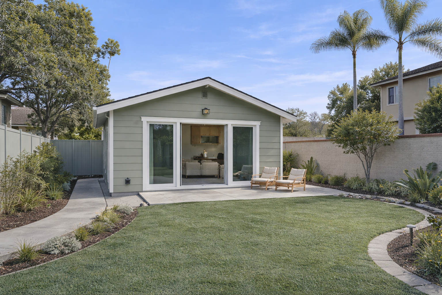 Detached ADU in Irvine, CA featuring a modern single-story design, sliding glass doors, and landscaped backyard with patio seating.
