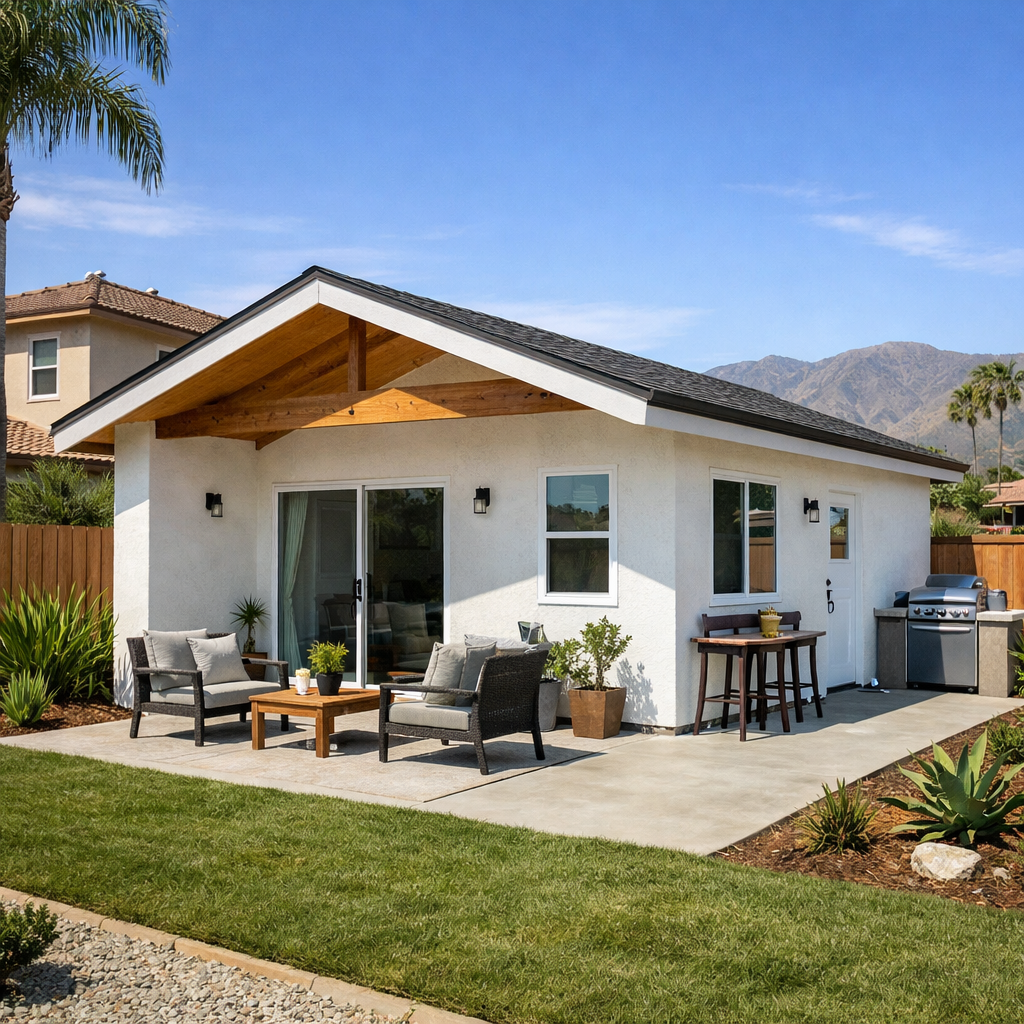 Detached ADU exterior in Riverside County featuring a modern backyard layout with patio seating