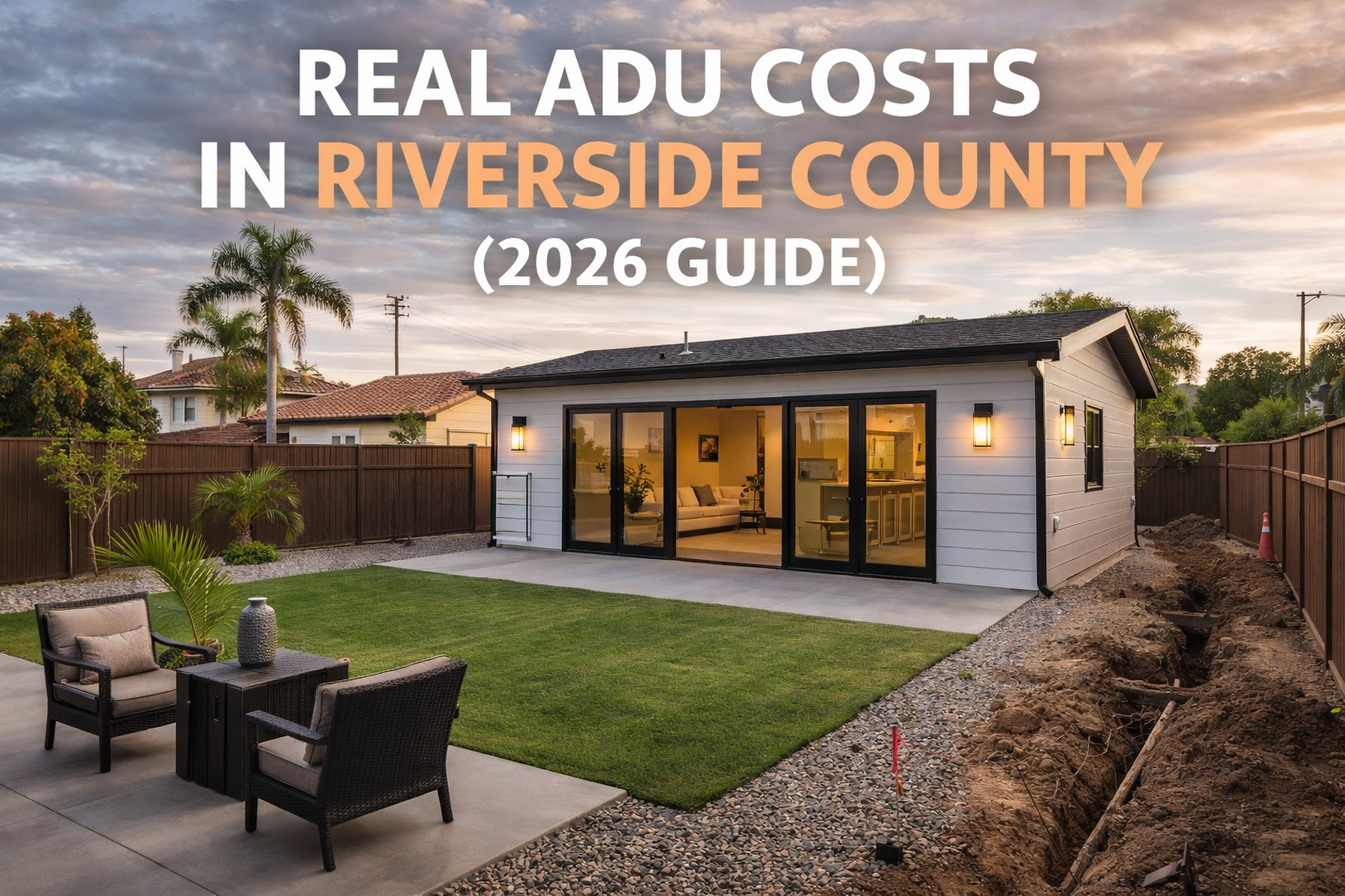 Modern backyard ADU in Riverside County with landscaping and patio, illustrating real ADU costs and construction conditions in 2026